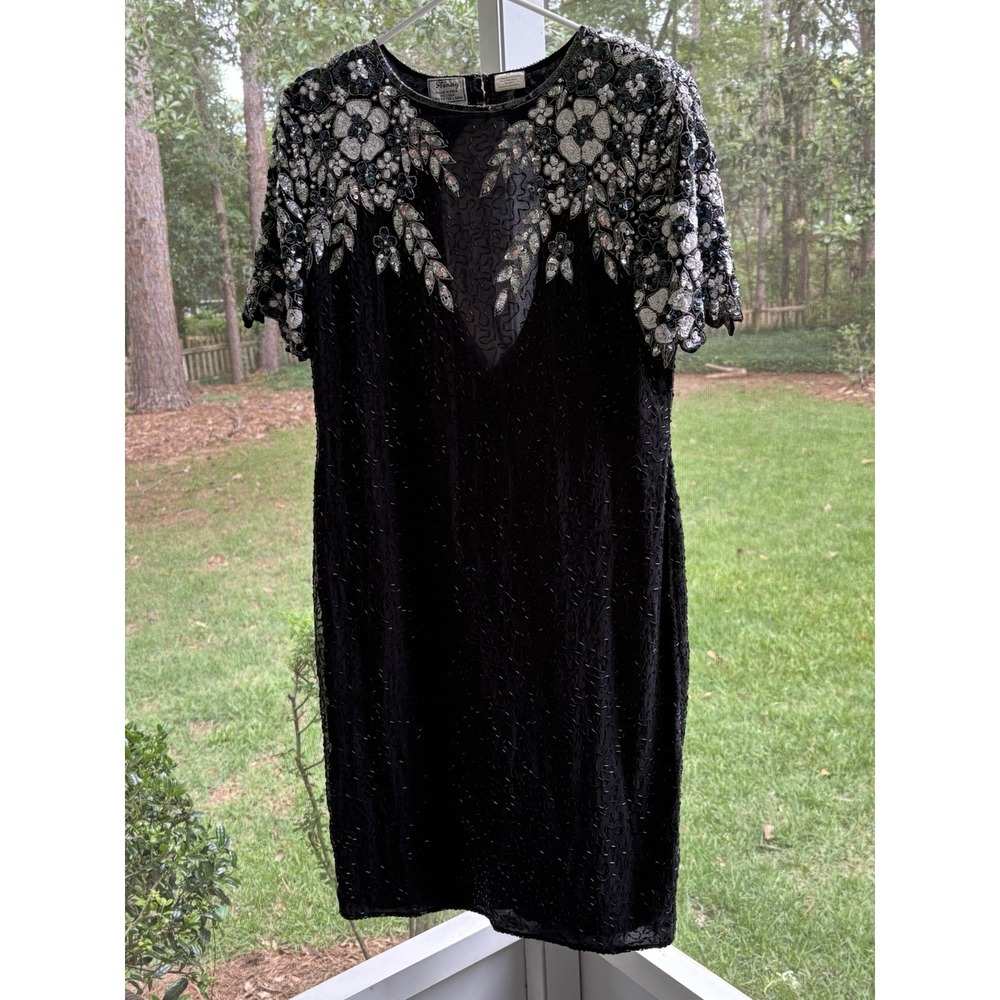 Stenay Black Silk Beaded Sequin Evening Dress Size 14 Floral Embellished India